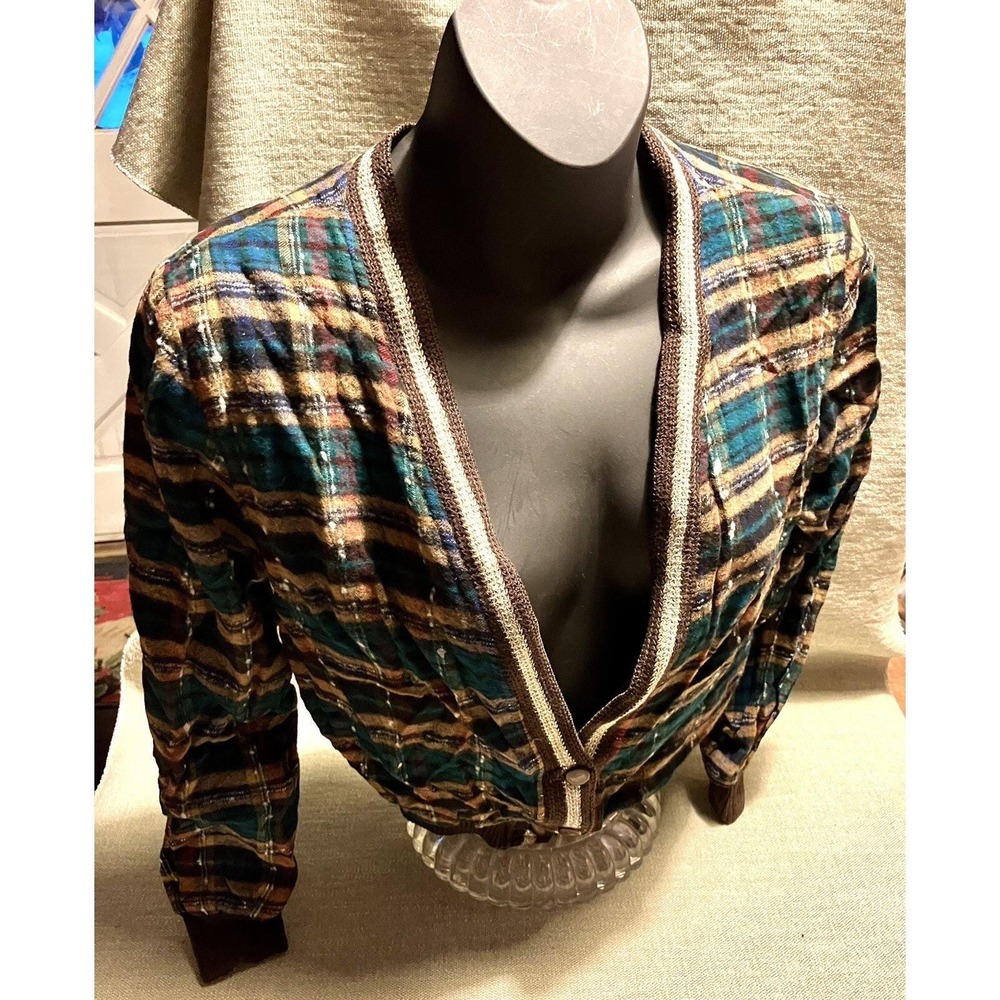 Vintage Minnesota Woolen Plaid Cardigan Jacket Brown Teal V-Neck Lined Bomber